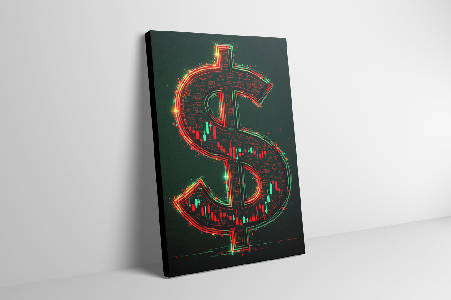 Close-up of the candlestick dollar sign design on canvas, capturing the highs and lows of stock market movement in bold colors. | Your Bold Essence