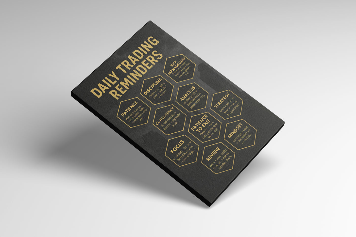 Black and gold day trading motivational wall art with 10 success reminders, ideal for trading desk or office décor.