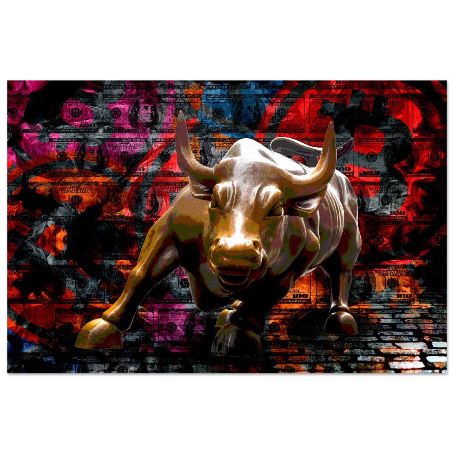 Wall art featuring the Wall Street Bull statue fused with a Bitcoin symbol on an abstract background, symbolizing ambition, crypto innovation, and financial power. | Your Bold Essence