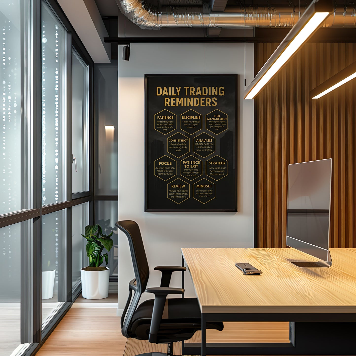 Black and gold day trading motivational wall art with 10 success reminders, ideal for trading desk or office décor.