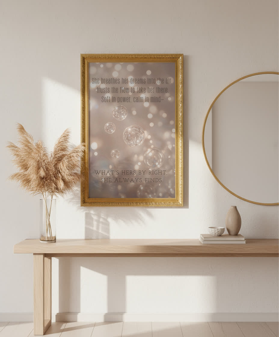 Her Flow motivational wall art by Your Bold Essence — feminine affirmation print with champagne iridescent bubbles, luxury manifestation decor for home or office.