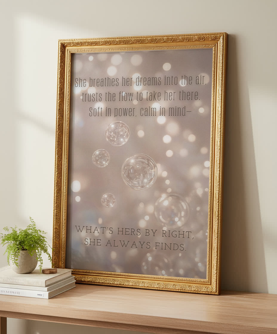 Her Flow motivational wall art by Your Bold Essence — feminine affirmation print with champagne iridescent bubbles, luxury manifestation decor for home or office.