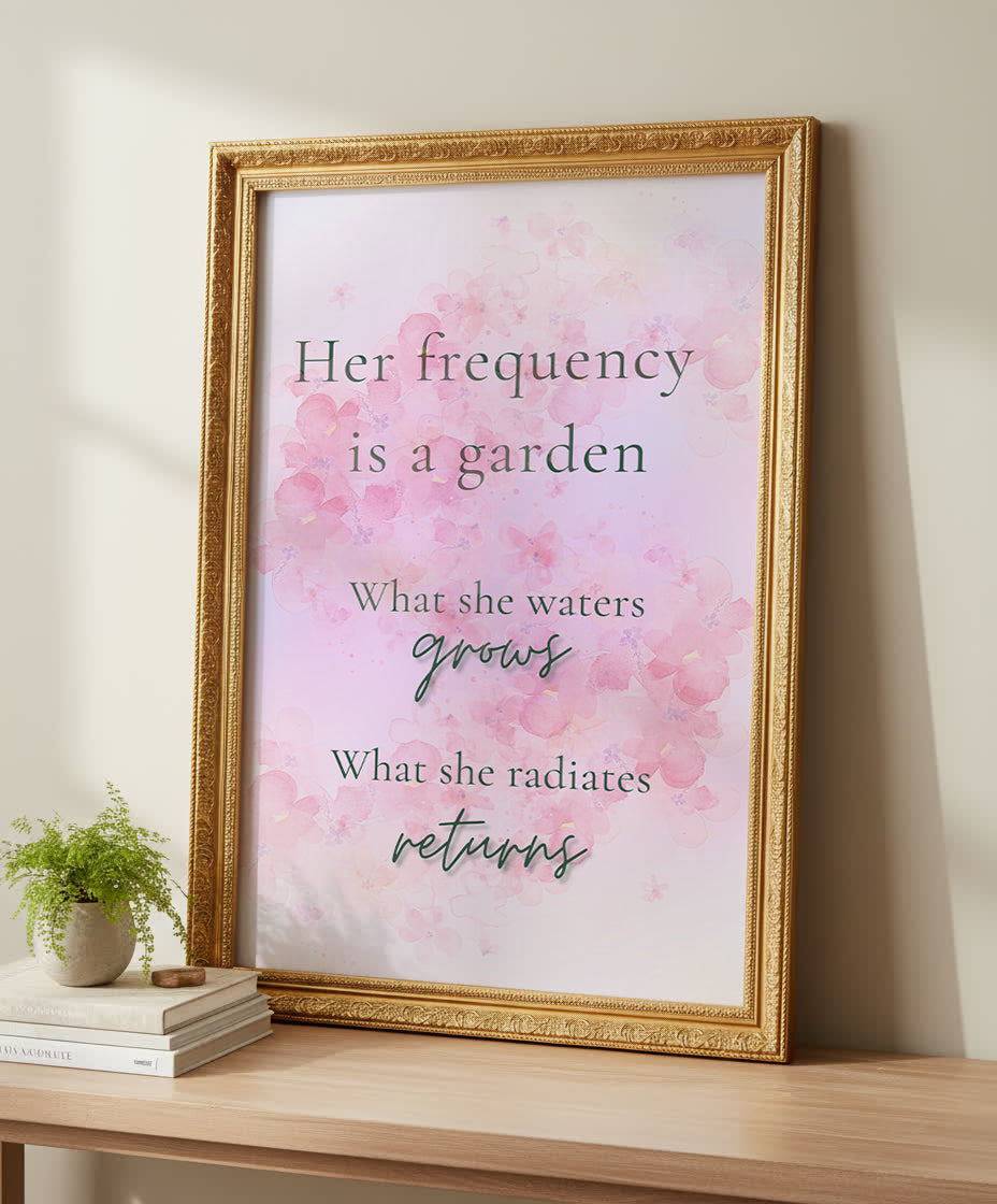 Her Frequency Is a Garden feminine affirmation wall art by Your Bold Essence — luxury motivational quote print with blush pink watercolor floral background, sage green typography, and elegant gold ornate frame. Perfect inspirational home decor for modern feminine interiors, bedrooms, and home offices seeking elegance, alignment, and mindfulness.
