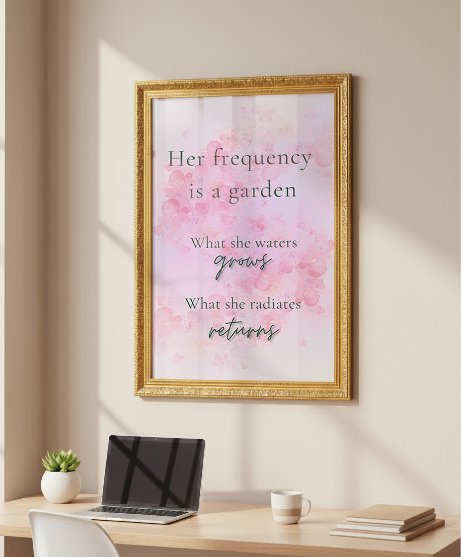 Her Frequency Is a Garden feminine affirmation wall art by Your Bold Essence — luxury motivational quote print with blush pink watercolor floral background, sage green typography, and elegant gold ornate frame. Perfect inspirational home decor for modern feminine interiors, bedrooms, and home offices seeking elegance, alignment, and mindfulness.
