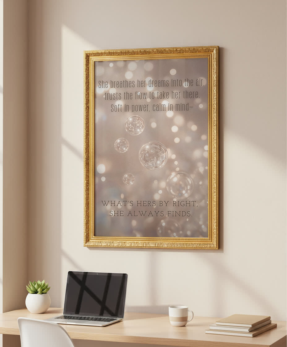 Her Flow motivational wall art by Your Bold Essence — feminine affirmation print with champagne iridescent bubbles, luxury manifestation decor for home or office.