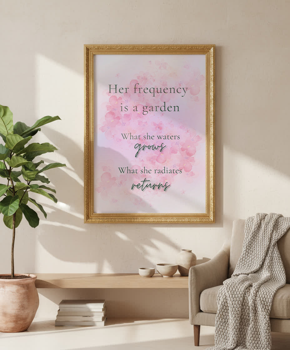 Her Frequency Is a Garden feminine affirmation wall art by Your Bold Essence — luxury motivational quote print with blush pink watercolor floral background, sage green typography, and elegant gold ornate frame. Perfect inspirational home decor for modern feminine interiors, bedrooms, and home offices seeking elegance, alignment, and mindfulness.