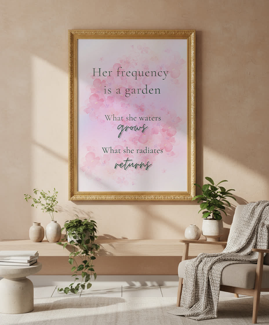Her Frequency Is a Garden feminine affirmation wall art by Your Bold Essence — luxury motivational quote print with blush pink watercolor floral background, sage green typography, and elegant gold ornate frame. Perfect inspirational home decor for modern feminine interiors, bedrooms, and home offices seeking elegance, alignment, and mindfulness.