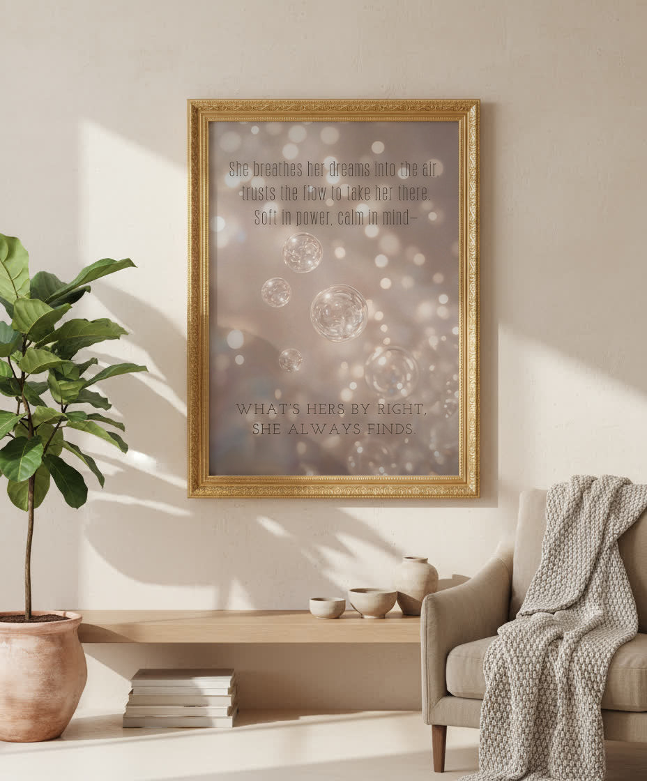 Her Flow motivational wall art by Your Bold Essence — feminine affirmation print with champagne iridescent bubbles, luxury manifestation decor for home or office.