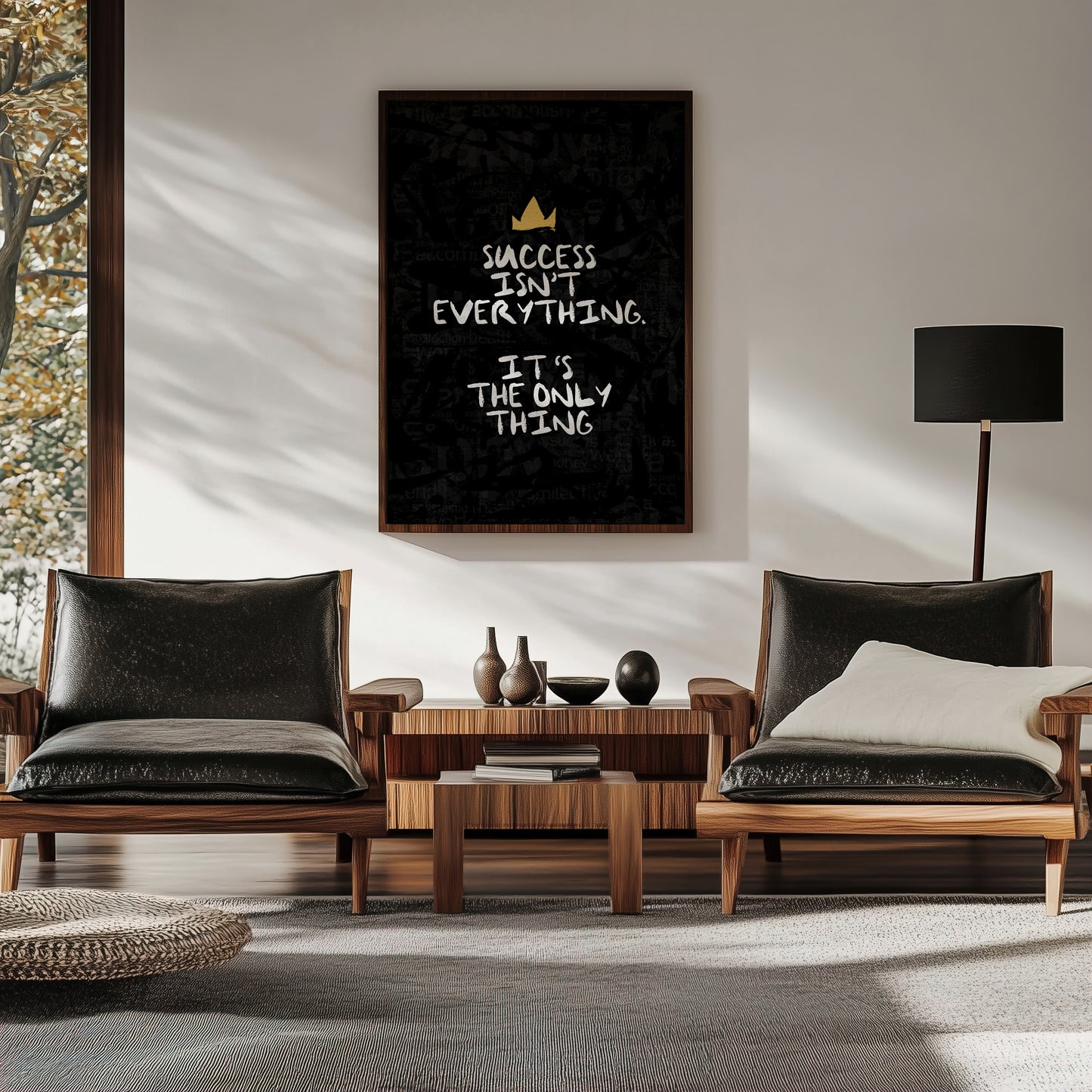 Motivational canvas wall art with quote “Success isn’t everything. It’s the only thing” in bold typography and minimalist crown design, ideal for modern office or workspace decor.