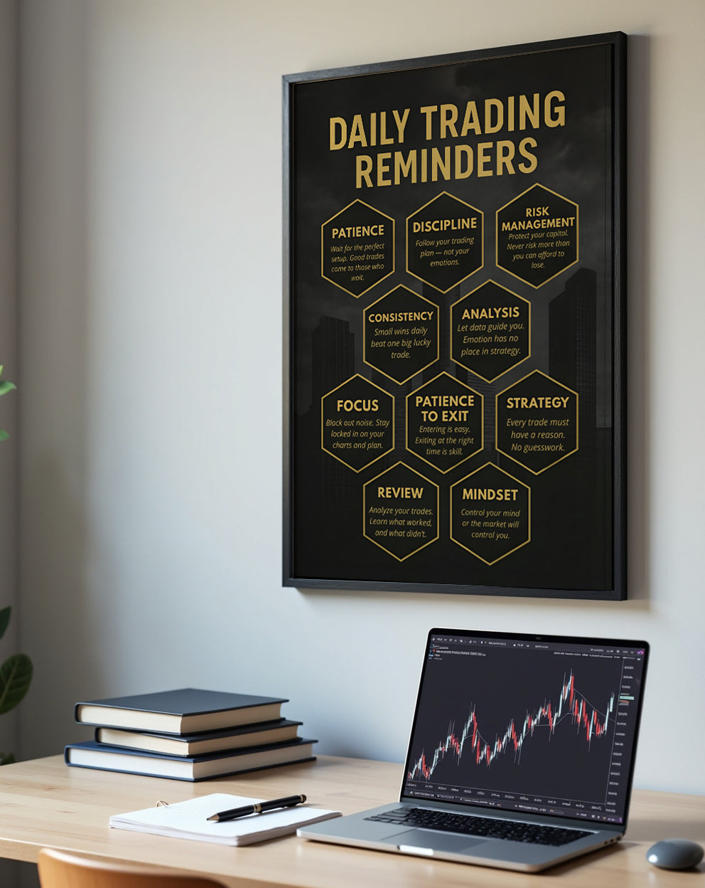 Black and gold day trading motivational wall art with 10 success reminders, ideal for trading desk or office décor.
