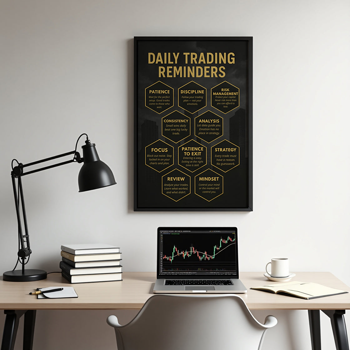 Black and gold day trading motivational wall art with 10 success reminders, ideal for trading desk or office décor.