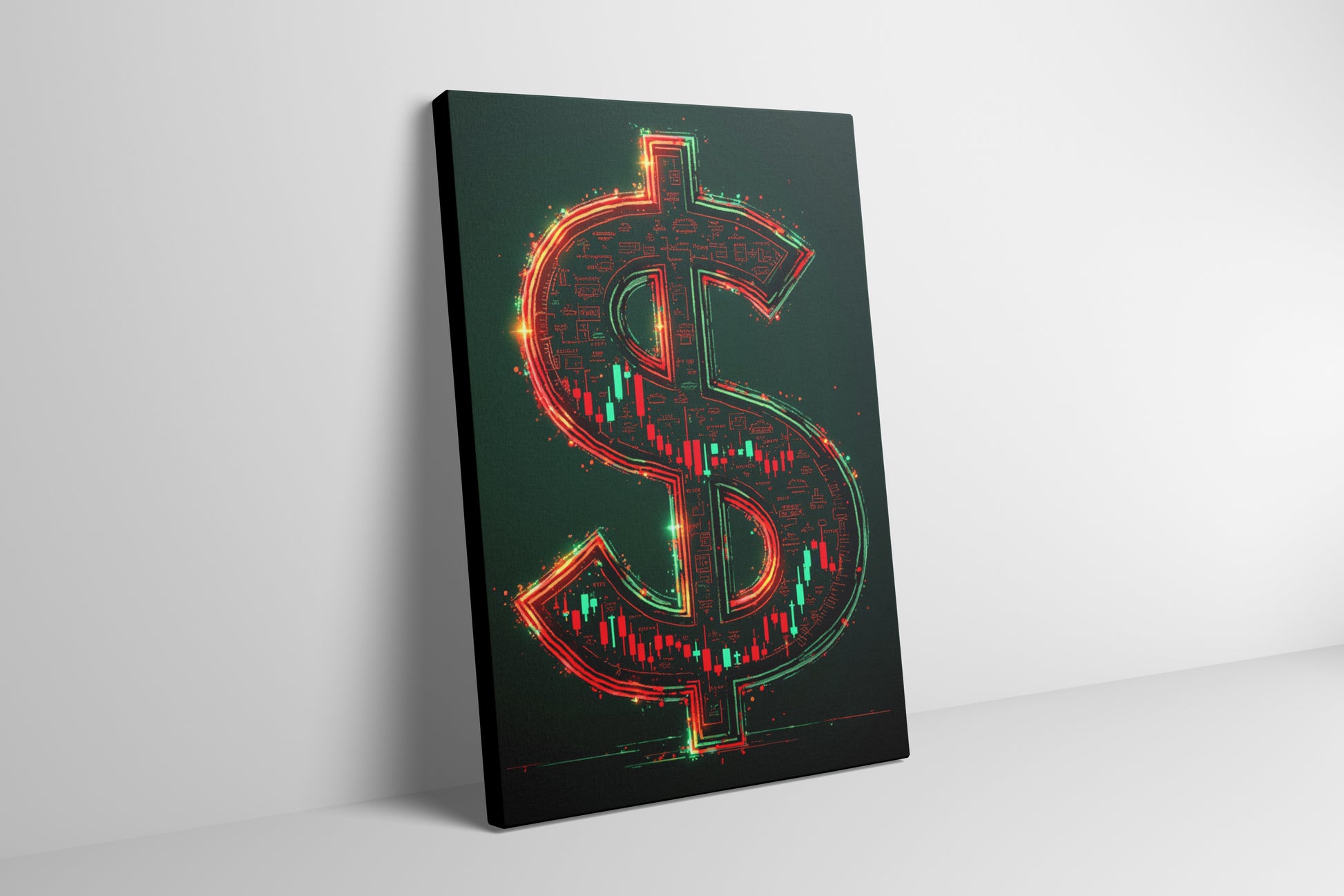 Close-up of the candlestick dollar sign design on canvas, capturing the highs and lows of stock market movement in bold colors. | Your Bold Essence
