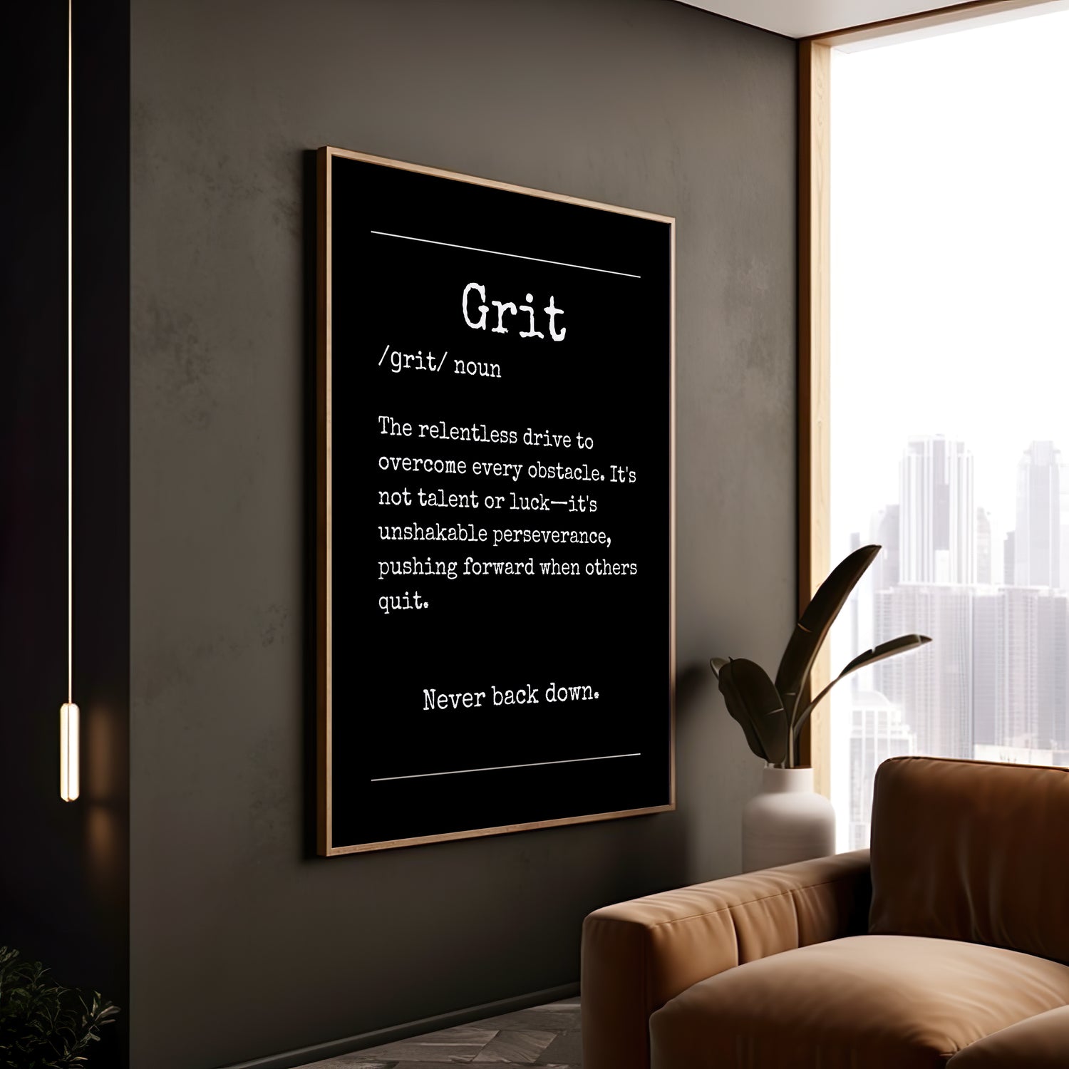 “Grit” canvas displayed in a modern workspace, radiating strength and motivation. | Your Bold Essence