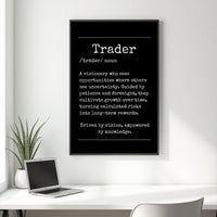 Trader Definition canvas wall art hanging above a desk in a trader's workspace