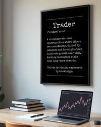 Trader Definition motivational canvas print displayed on a wall in a modern trading desk setup
