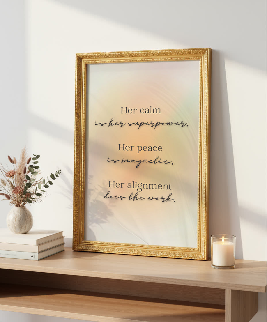 Elegant gold frame wall art — ‘Her Calm Is Her Superpower’ inspirational print by Your Bold Essence, perfect for home office or studio space.
