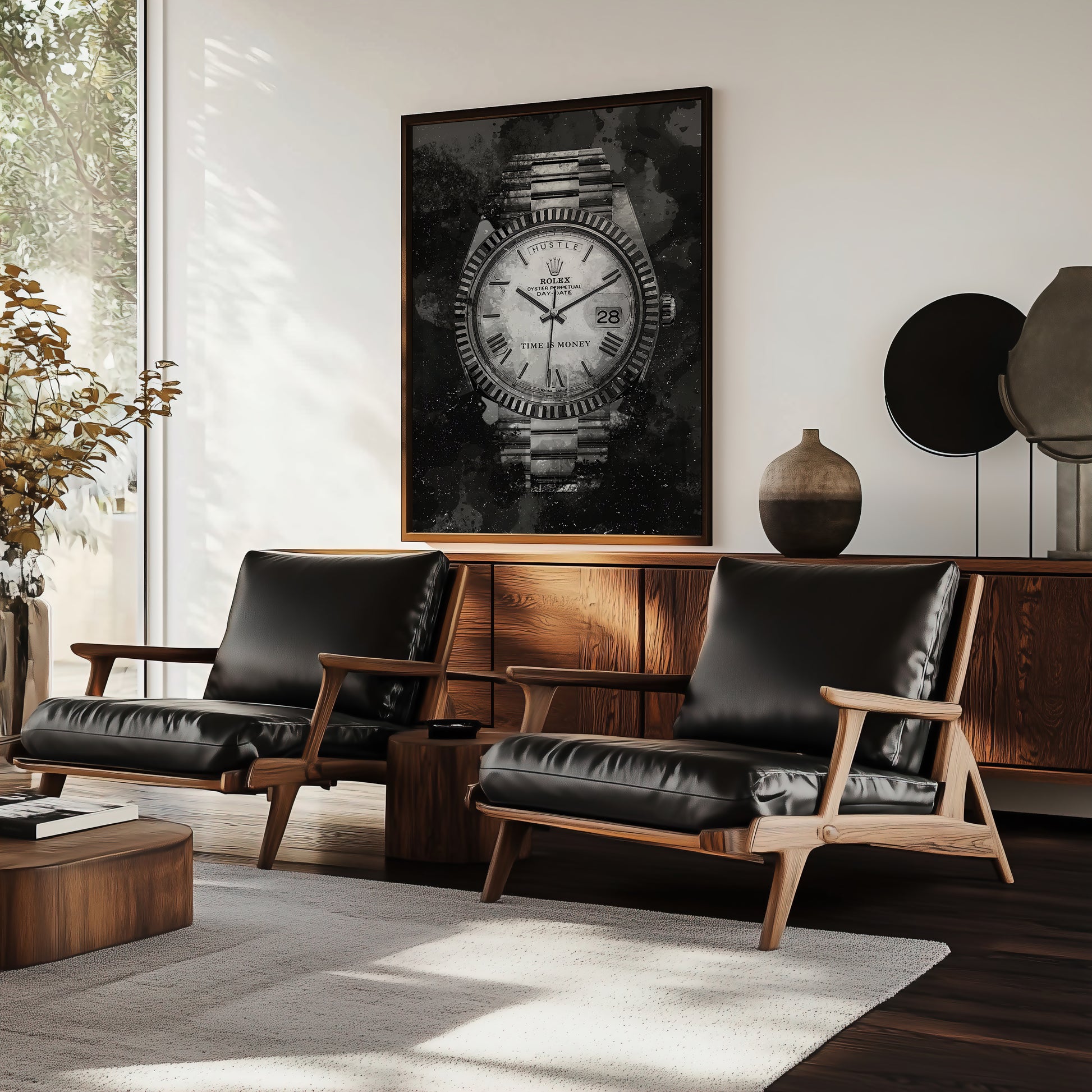 Black and white canvas wall art featuring a Rolex watch with the words “Hustle” and “Time is Money” — modern motivational office decor for high achievers.