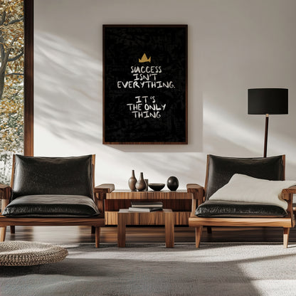 Motivational canvas wall art with quote “Success isn’t everything. It’s the only thing” in bold typography and minimalist crown design, ideal for modern office or workspace decor.