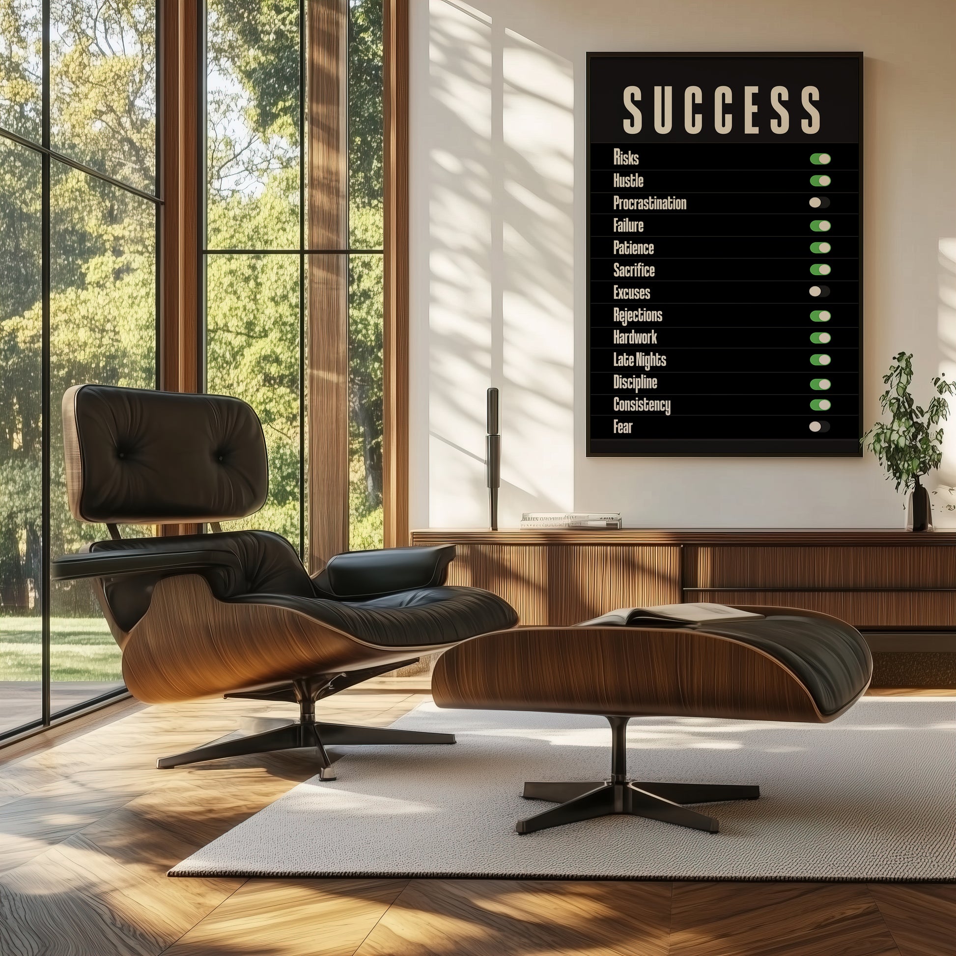 Minimalist black-and-white wall art reading “Success Switch ON,” designed as modern office decor and motivation for entrepreneurs and high performers.| Your Bold Essence