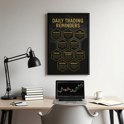 Black and gold day trading motivational wall art with 10 success reminders, ideal for trading desk or office décor.